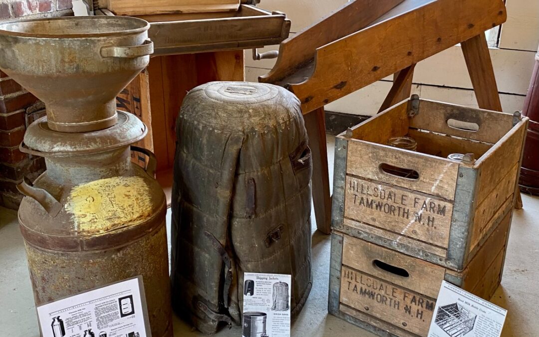 Milk canister, insulated canister and milk crates, Milk House at the Remick Country Doctor Museum & Farm